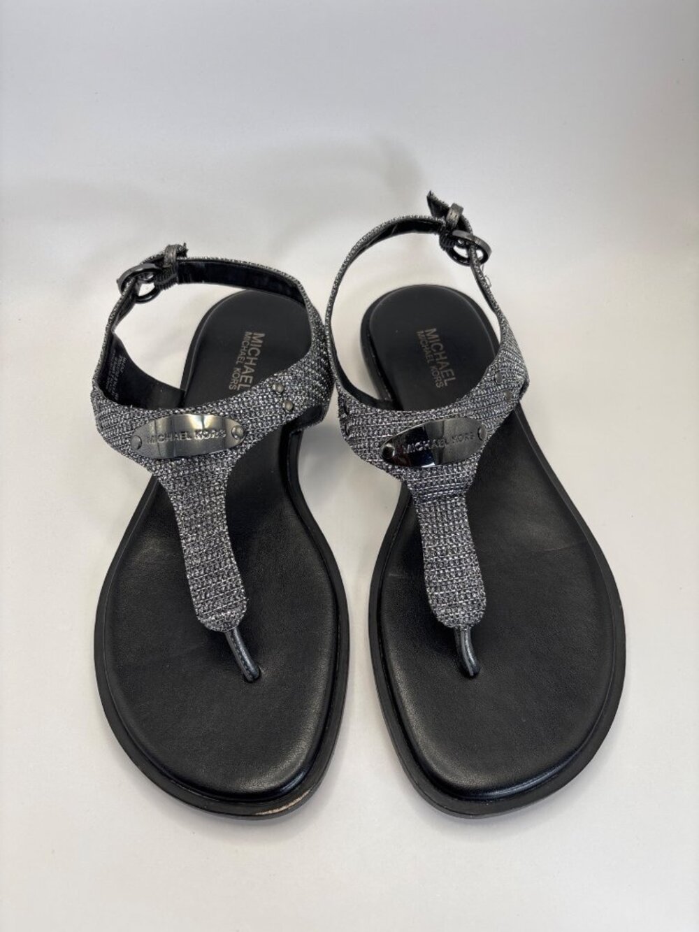 Michael Kors MK Plate Thong Sandals Anthracite Silver Black Glitter Finish Sz 6